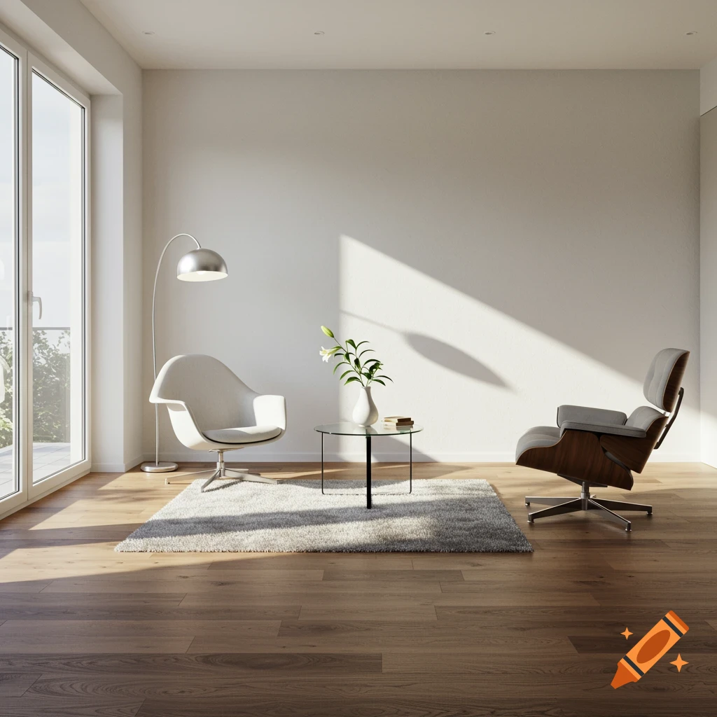 A sunlit modern room with white walls, a white armchair, a wooden lounge chair, a glass table with lilies, a floor lamp, and a large window.