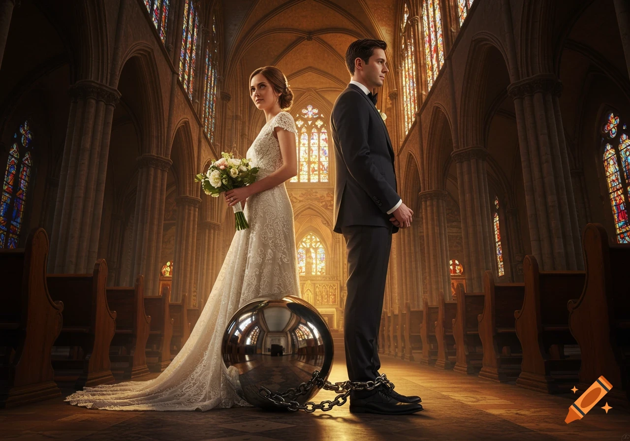 Photorealistic image of a bride and groom standing back-to-back in a church aisle, the groom's leg chained to a large metallic ball.
