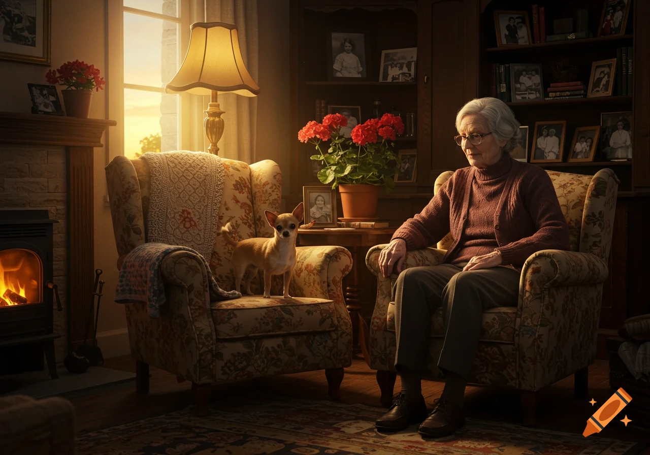Photorealistic image of an elderly woman in an armchair next to a chihuahua on another armchair in a warm living room with a fireplace.