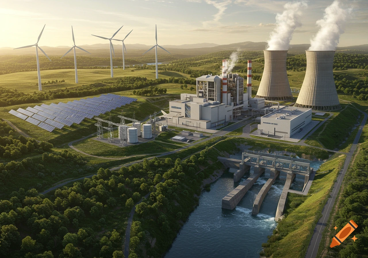 Photorealistic aerial view of diverse energy facilities: nuclear, thermal, solar panels, wind turbines, and a hydroelectric dam in a green landscape.