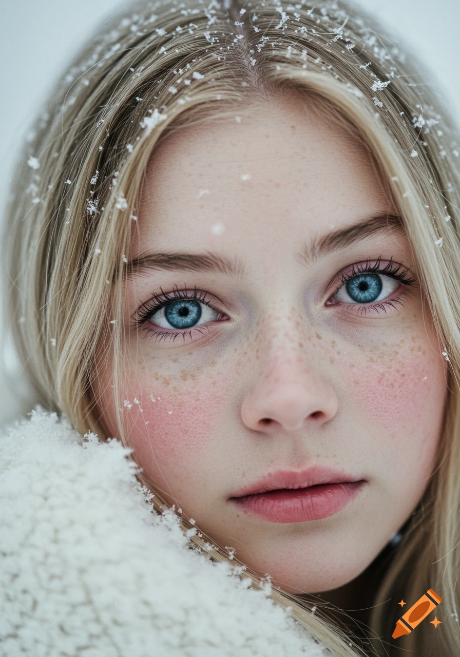 Extreme close-up of a young woman's face with blonde hair, blue eyes, freckles, and rosy cheeks, covered in snowflakes.