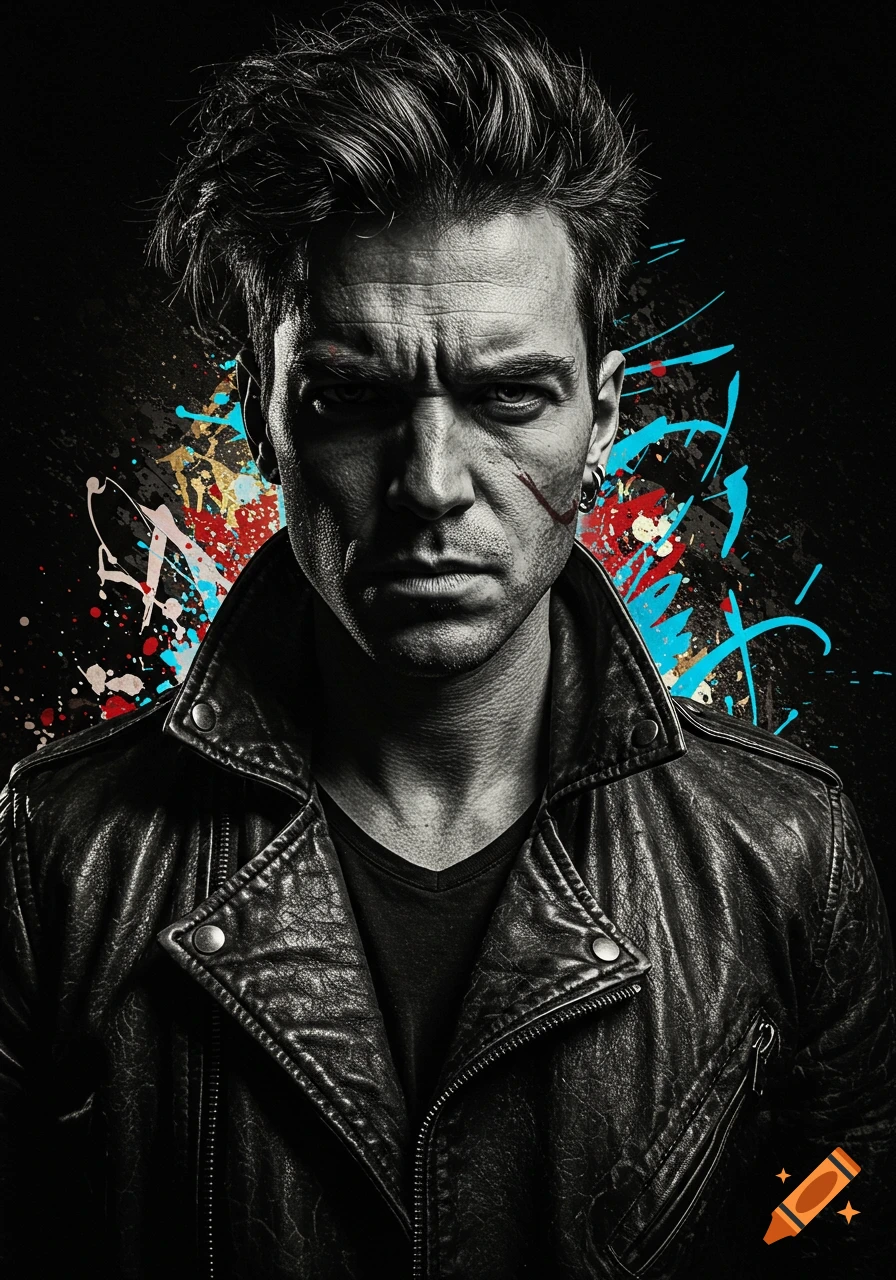 A scowling man with disheveled hair, a facial scar, and a leather jacket, in black and white with vibrant paint splatters.