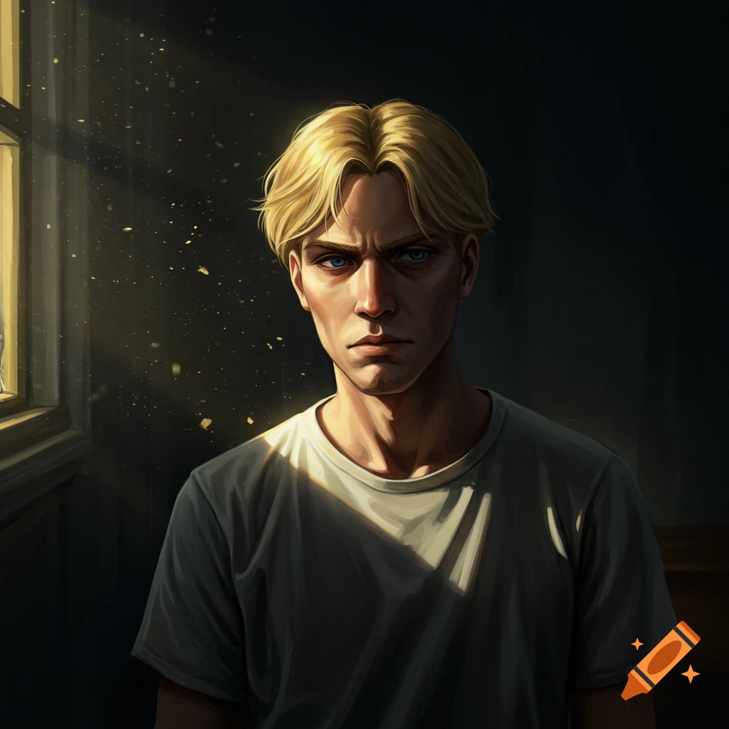 Illustrated portrait of a blond man with an intense expression, lit by a sunbeam from a window in a dark room.