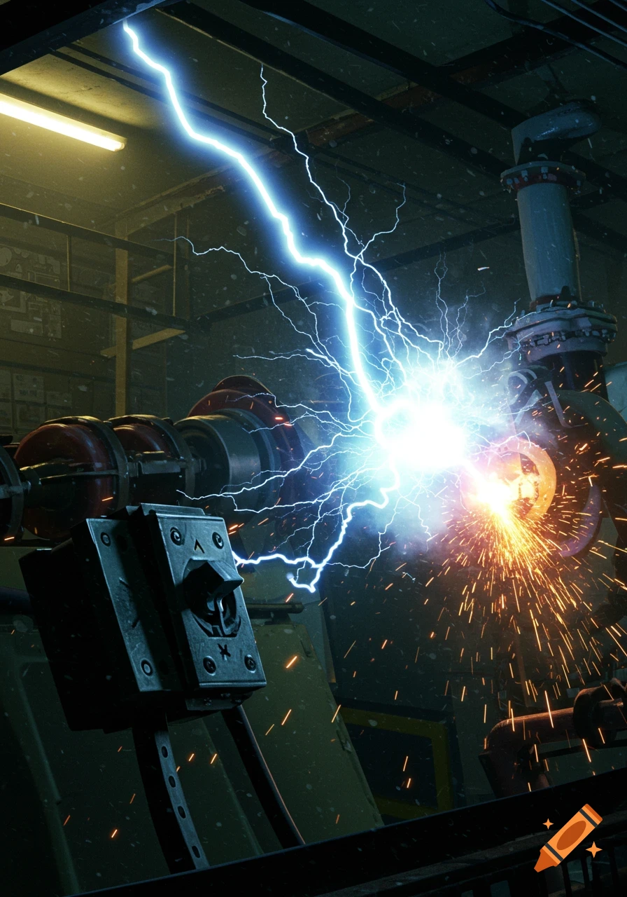 A powerful blue electric arc and orange sparks erupt from a high voltage switch in a dark, industrial facility.