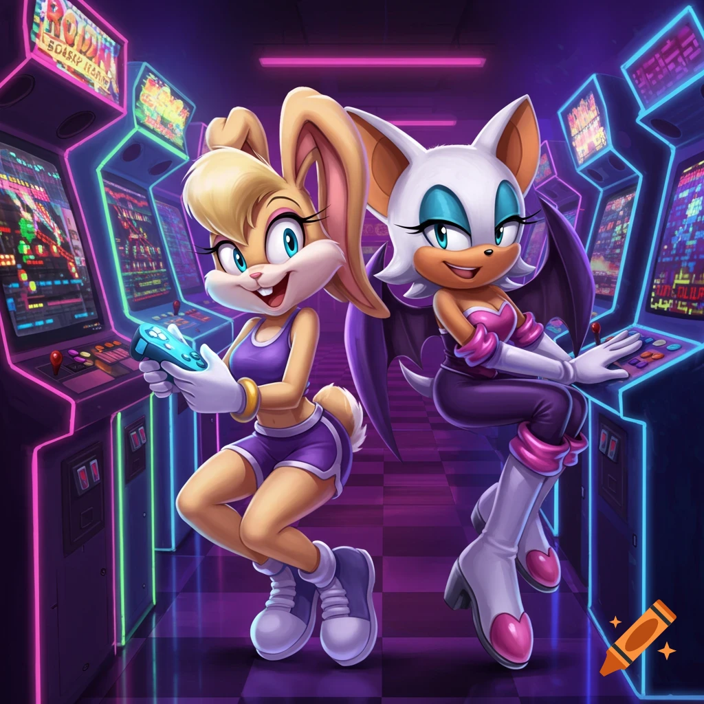Lola Bunny and Rouge the Bat smile in a vibrant neon arcade. Lola holds a controller, and Rouge leans on an arcade machine.
