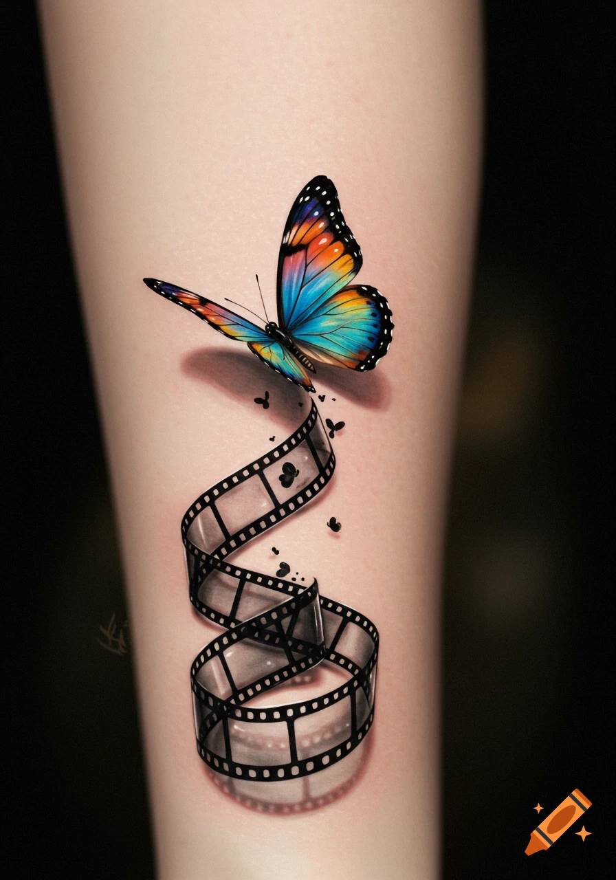 A vibrant 3D tattoo of a colorful butterfly with blue and orange wings emerging from a swirling black film strip on light skin.