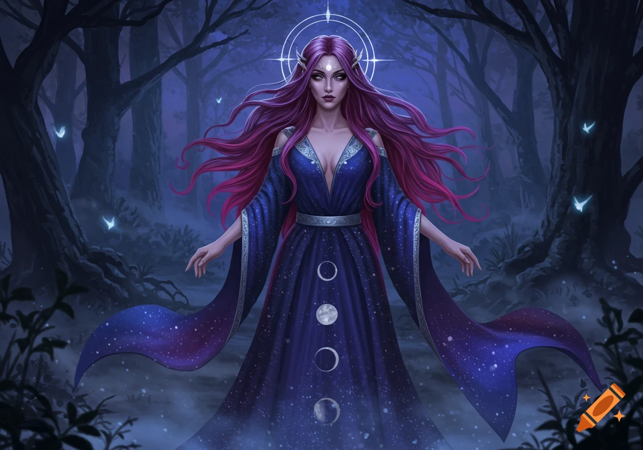 A mystical woman with long purple hair and a blue, star-patterned dress stands in a dark, misty forest with glowing butterflies.
