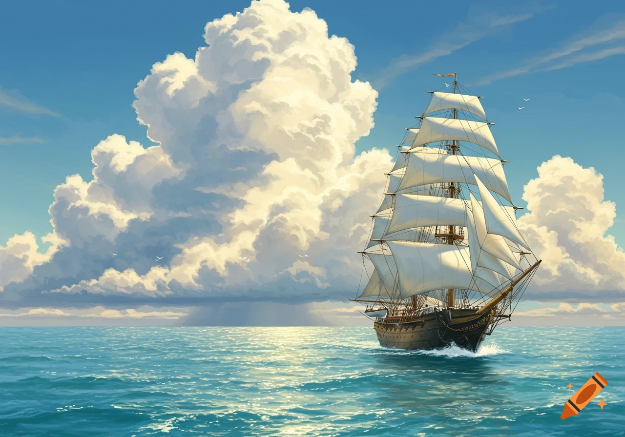 A large sailing ship with billowing white sails on a sunny blue ocean under towering cumulus clouds, in a painted style.