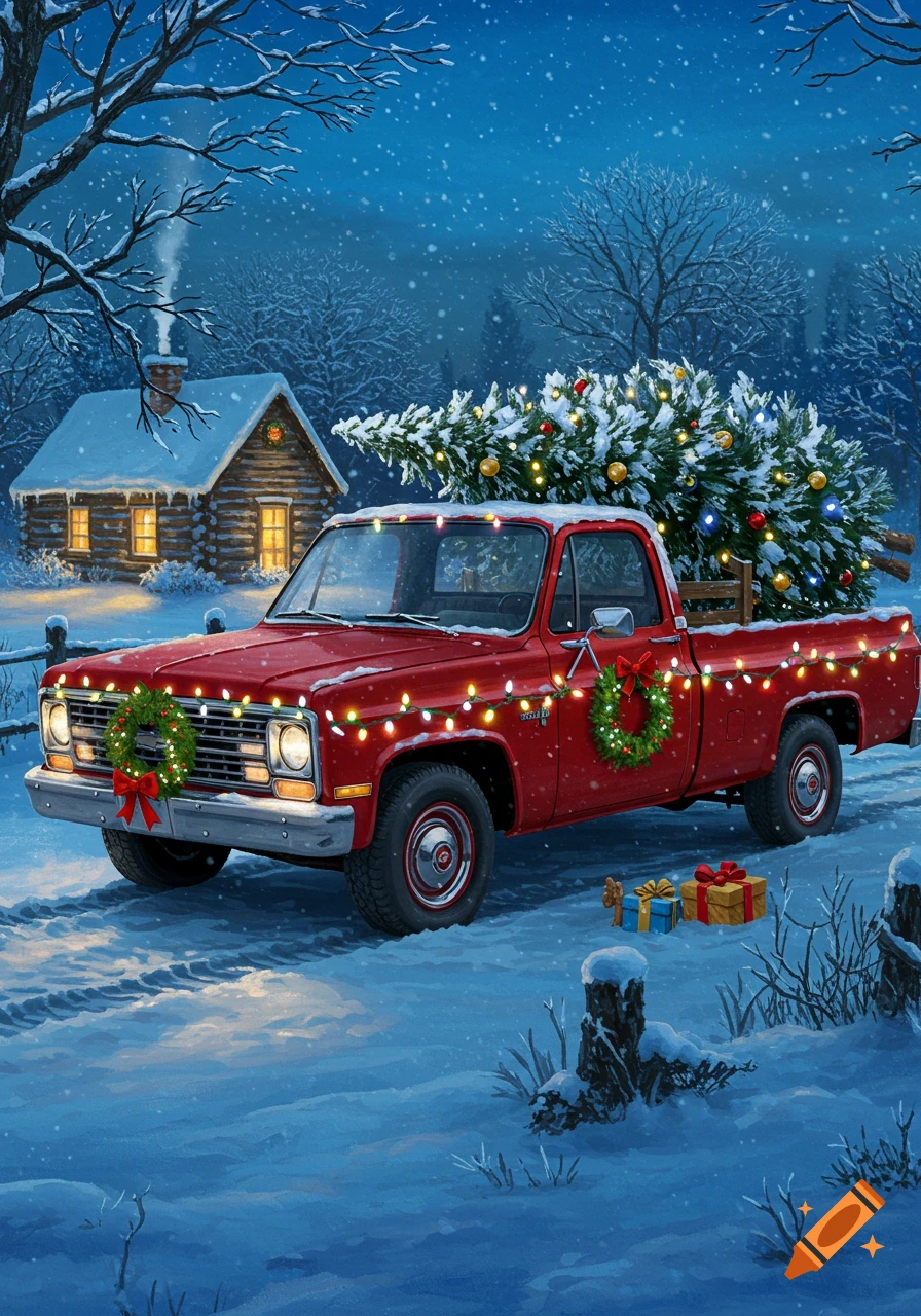 A red vintage pickup truck with Christmas lights and wreaths carries a snowy Christmas tree past a glowing cabin in a winter night.