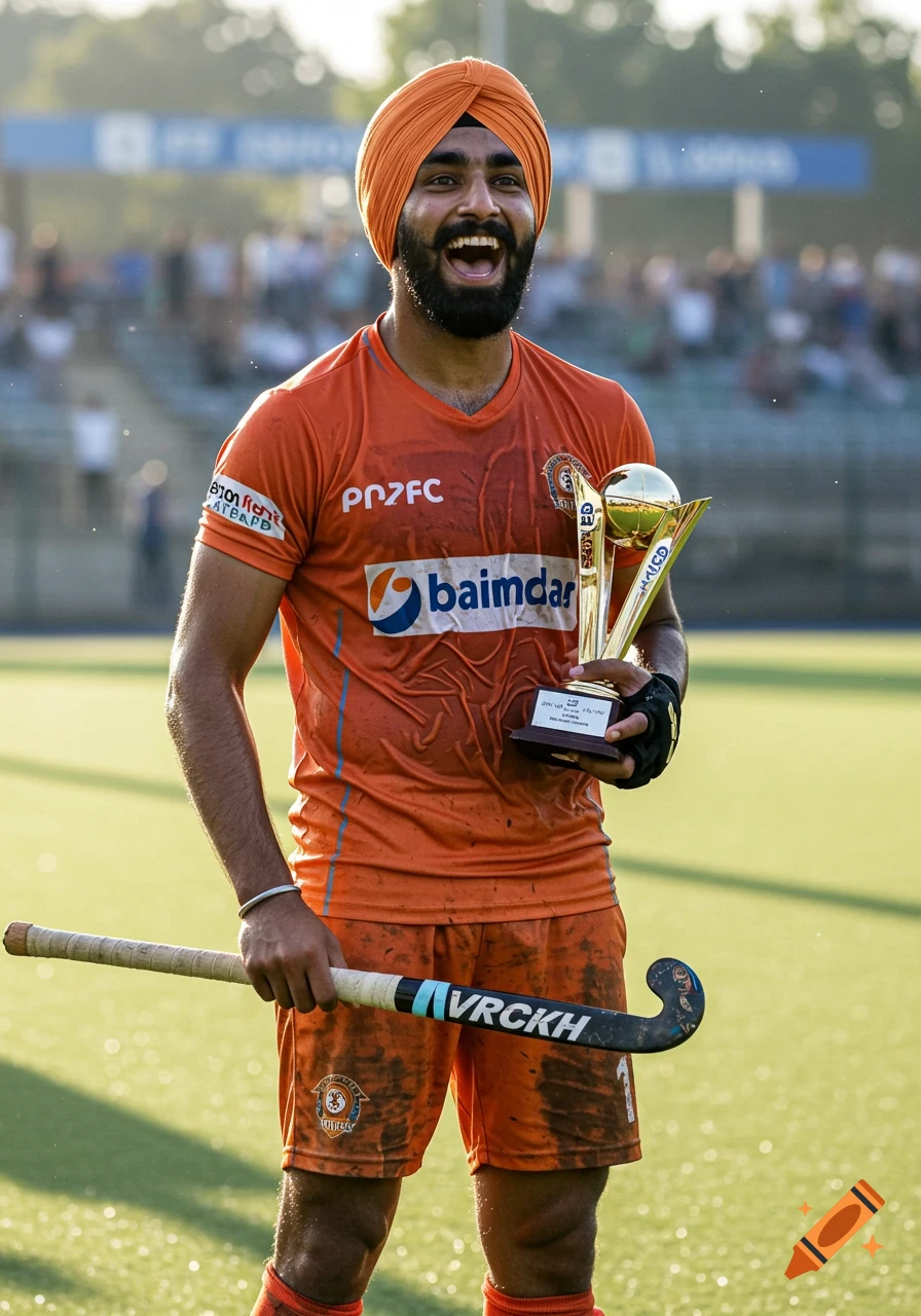 A happy Sikh hockey player holding a stick and a golden trophy on a sunny turf field post-victory.