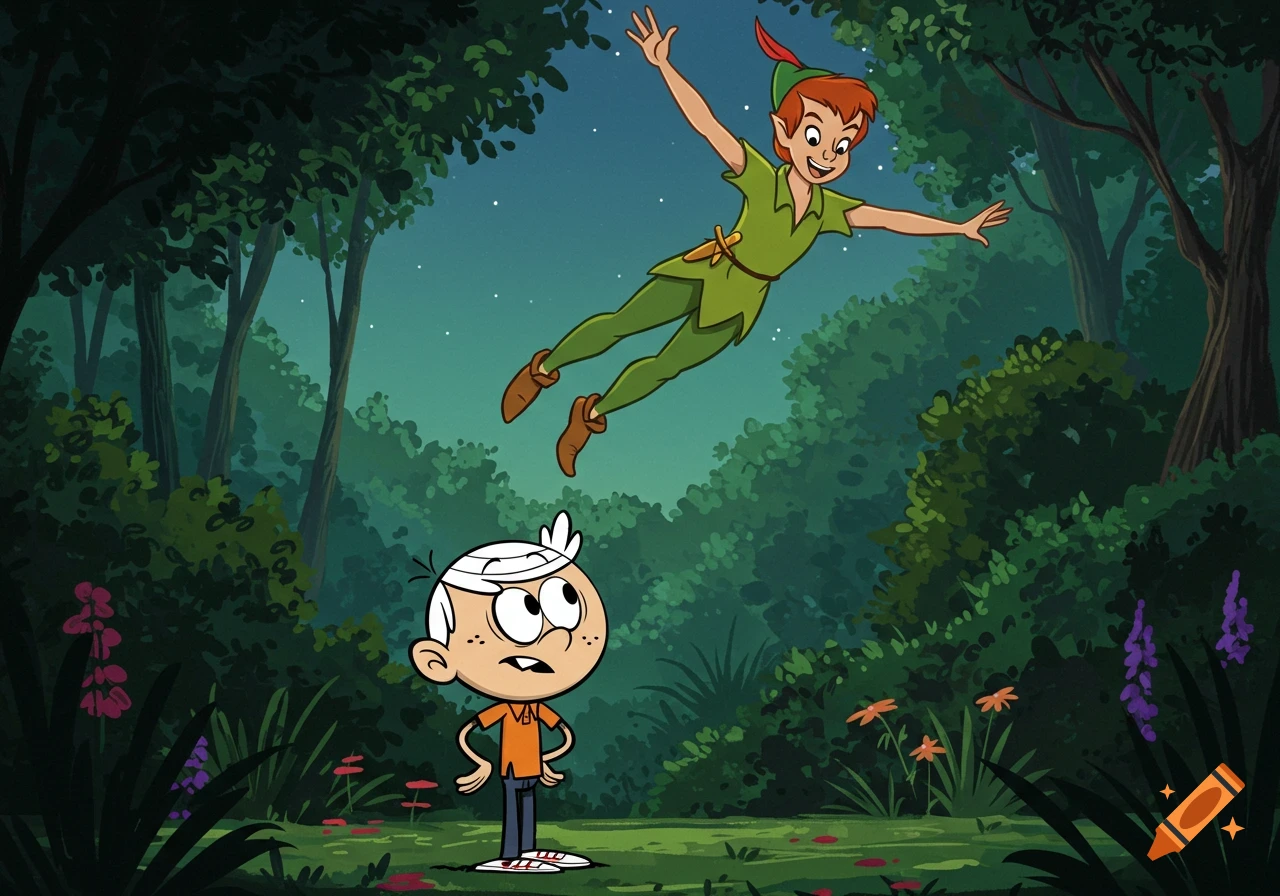 Cartoon Peter Pan flying above Lincoln Loud in a dark, stylized forest setting.