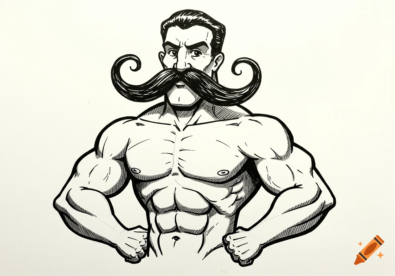 Black and white cartoon drawing of a muscular man with a large, curly mustache flexing.