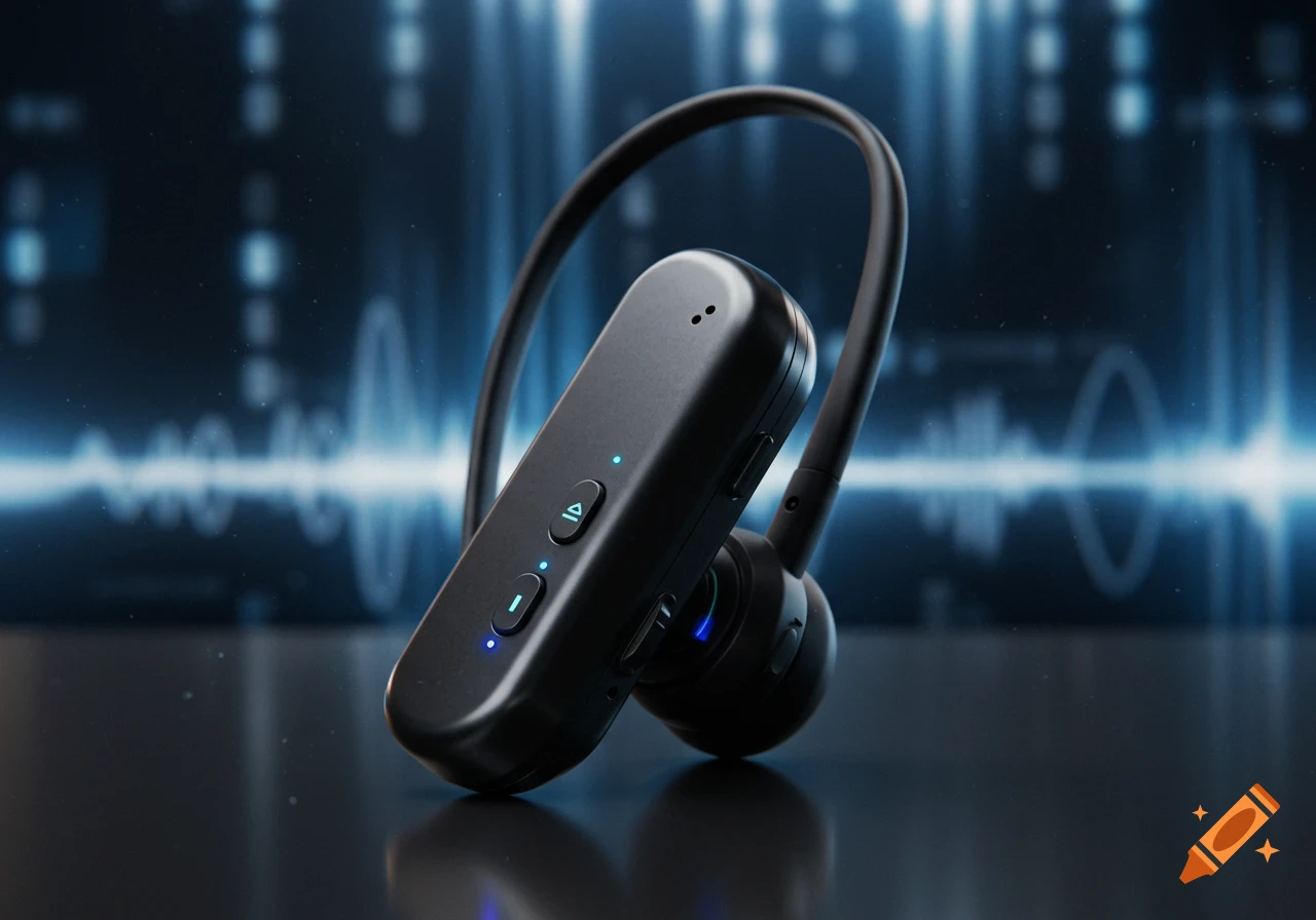 Photorealistic close-up of a black Bluetooth headset with blue lights on a reflective surface, with a futuristic sound wave background.