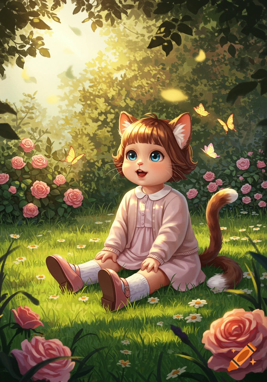 A cute cartoon baby catgirl in a pink dress sits in a sunny garden with roses and butterflies.