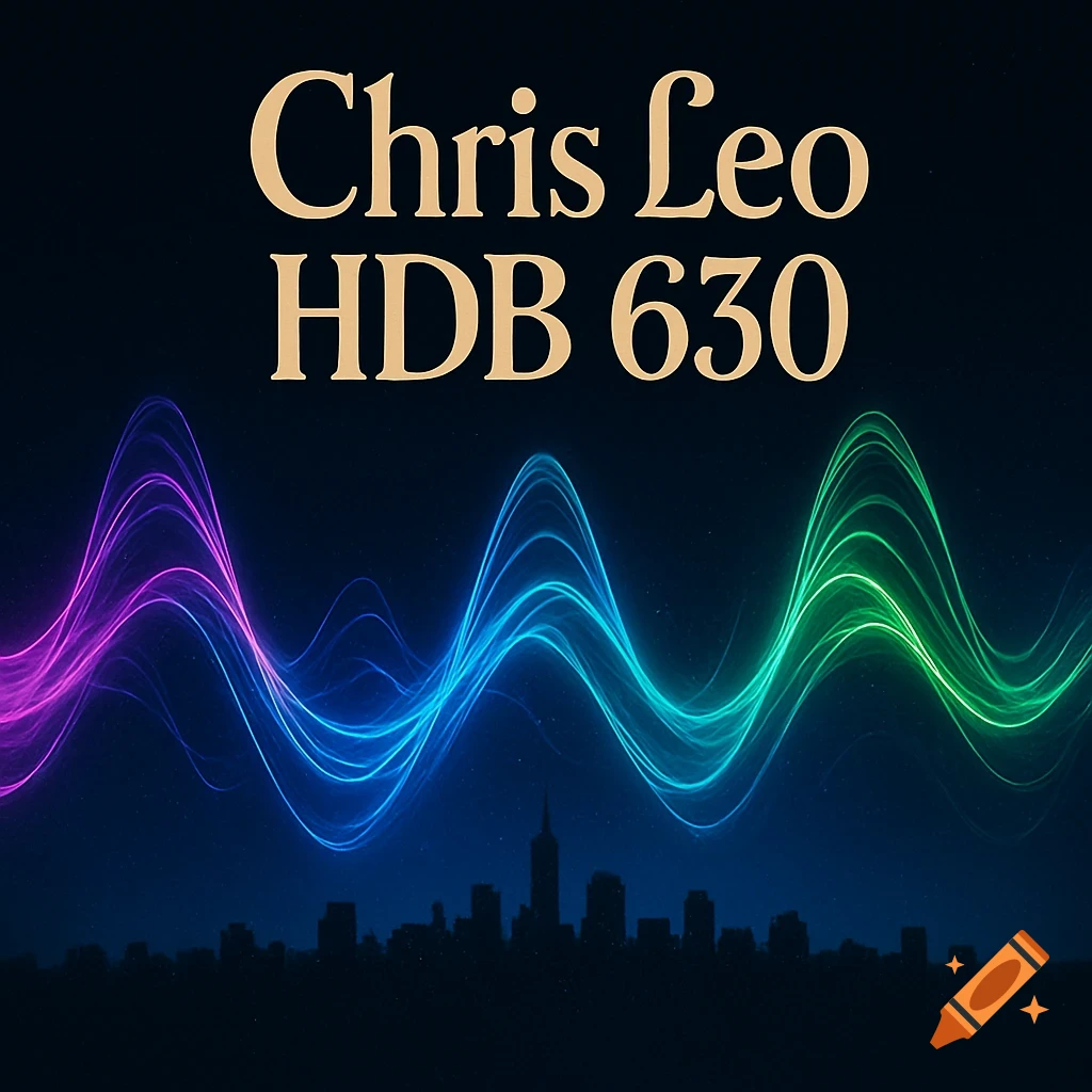 An album cover with the text Chris Leo HDB 630 in gold, above vibrant purple, blue, and green sound waves, and a dark city skyline.