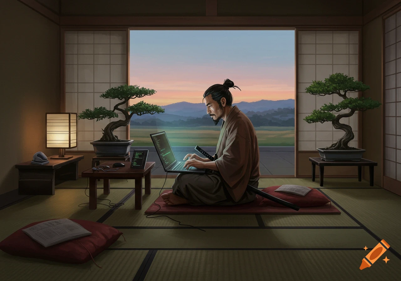 A samurai-like man programs on a laptop in a traditional Japanese room with bonsai trees, overlooking a sunset landscape. Digital art.