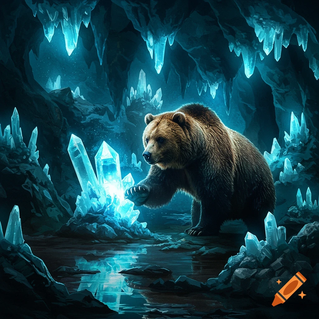 A large grizzly bear in a dark, mysterious cave, reaching towards a luminous blue crystal formation with its paw, surrounded by other glowing crystals.