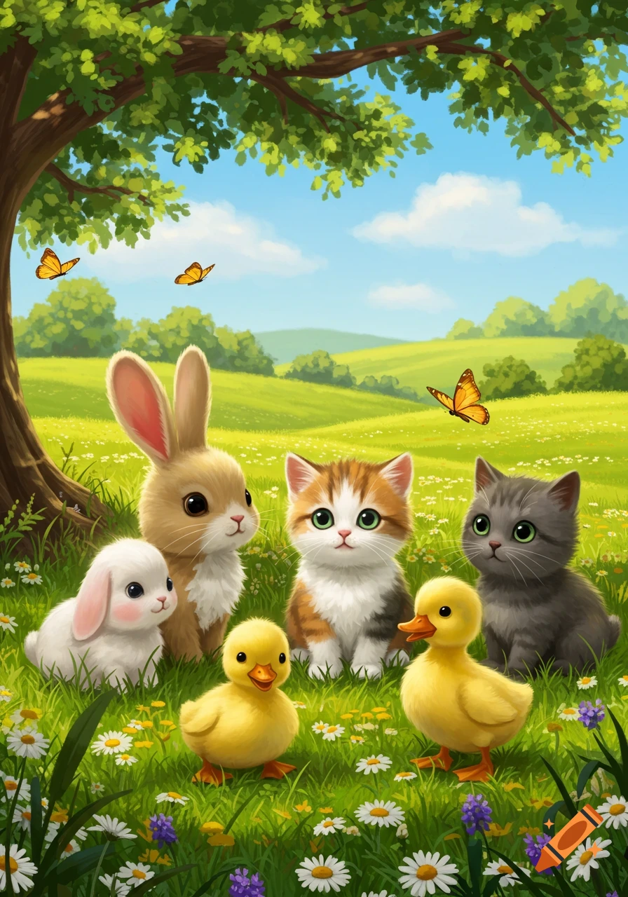 Two cute bunnies, two kittens, and two ducklings sit in a sunny green field with flowers and butterflies under a large tree.