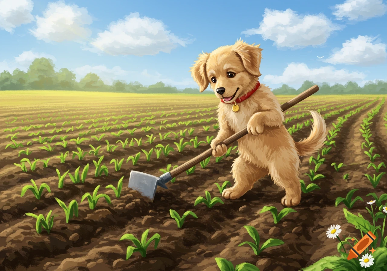 A cute cartoon golden retriever puppy holds a hoe in a vast field of green crops under a bright blue sky.