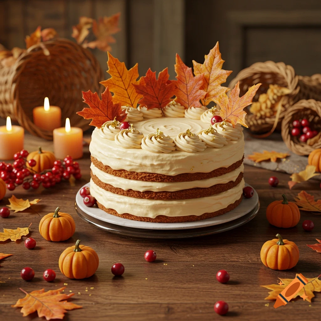 Photorealistic Thanksgiving cake adorned with maple leaves, cranberries, and mini pumpkins on a wooden table with candles.