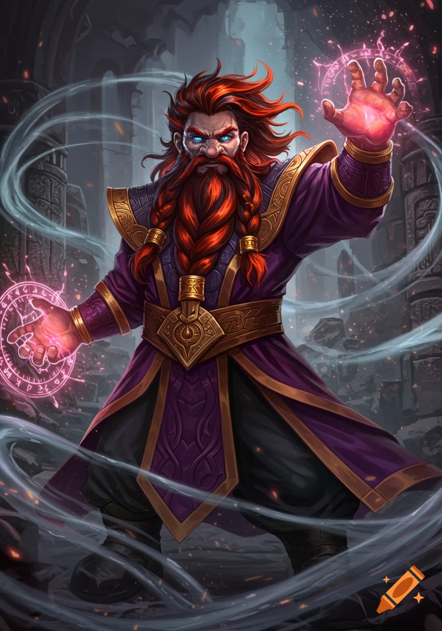 A powerful dwarf sorcerer with a long red braided beard and hair, glowing blue eyes, casting a red magical spell.