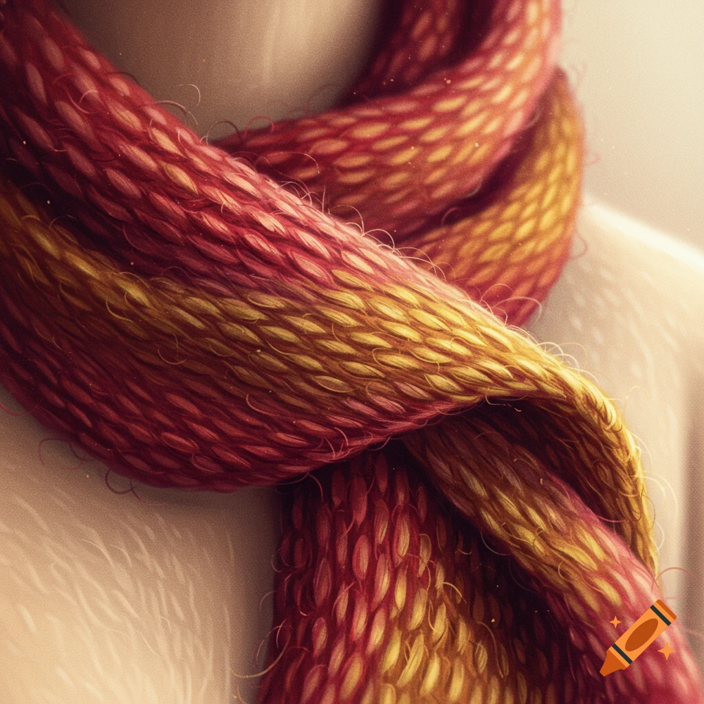 A close-up view of a knitted scarf, featuring interwoven red and yellow threads creating a detailed texture.