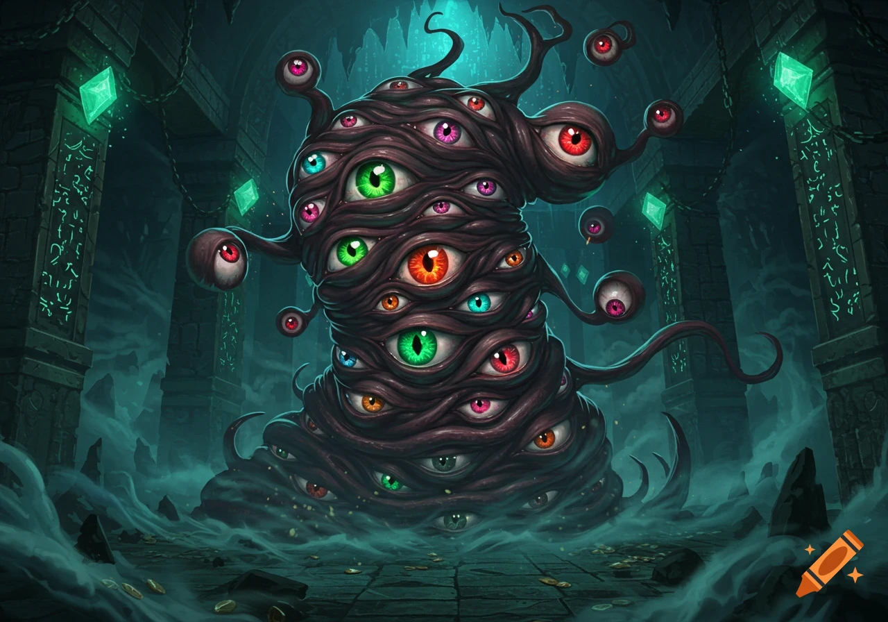 A monstrous fantasy demon made of numerous colorful eyeballs, with small tentacle-like stalks, in a dark, misty dungeon with glowing green runes and crystals.