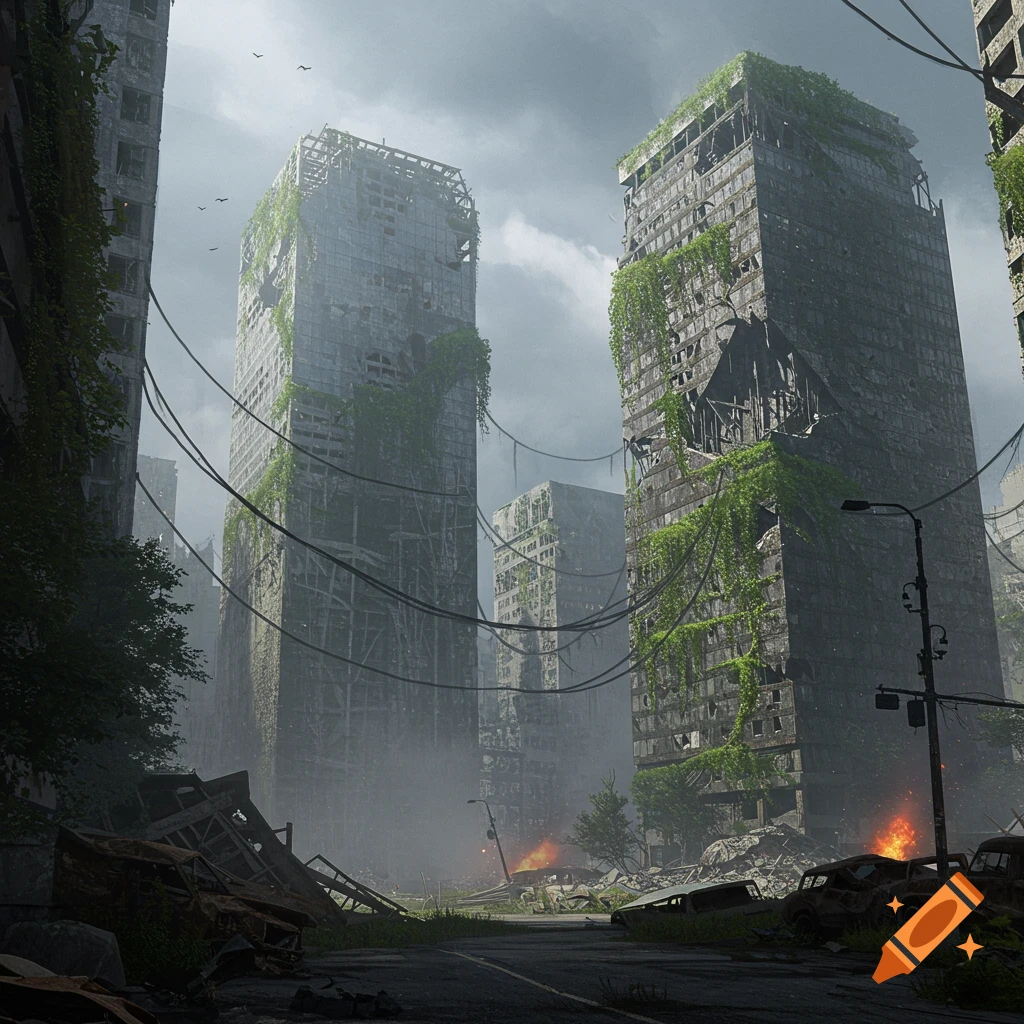 Photorealistic depiction of a post-apocalyptic city with vine-covered ruined skyscrapers, debris-strewn streets, and distant fires under a cloudy sky.