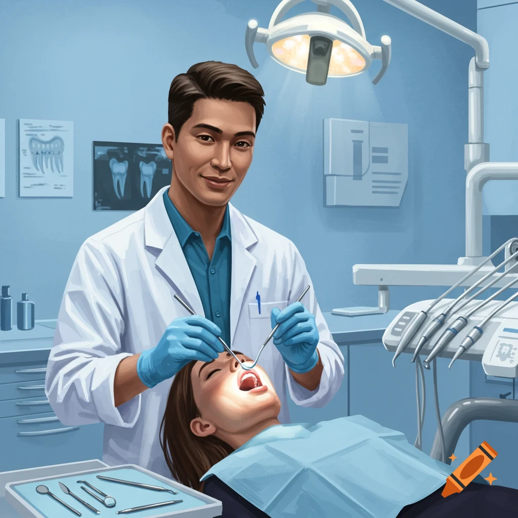 A smiling male dentist in a white coat examines a female patient in a dental chair, using dental tools in an illustrative style.