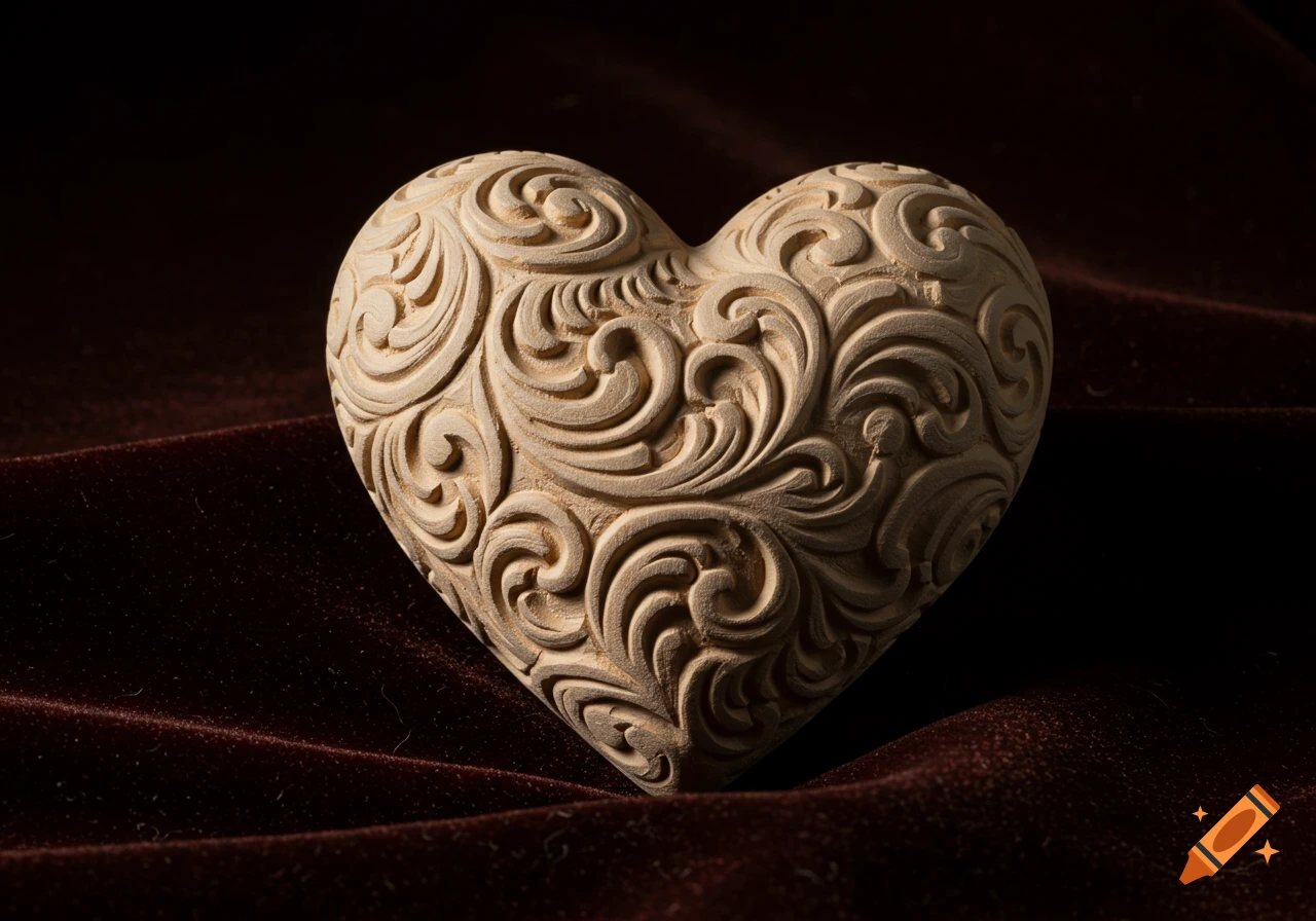 A beige carved heart with intricate swirling patterns rests on dark brown velvet under dramatic lighting.