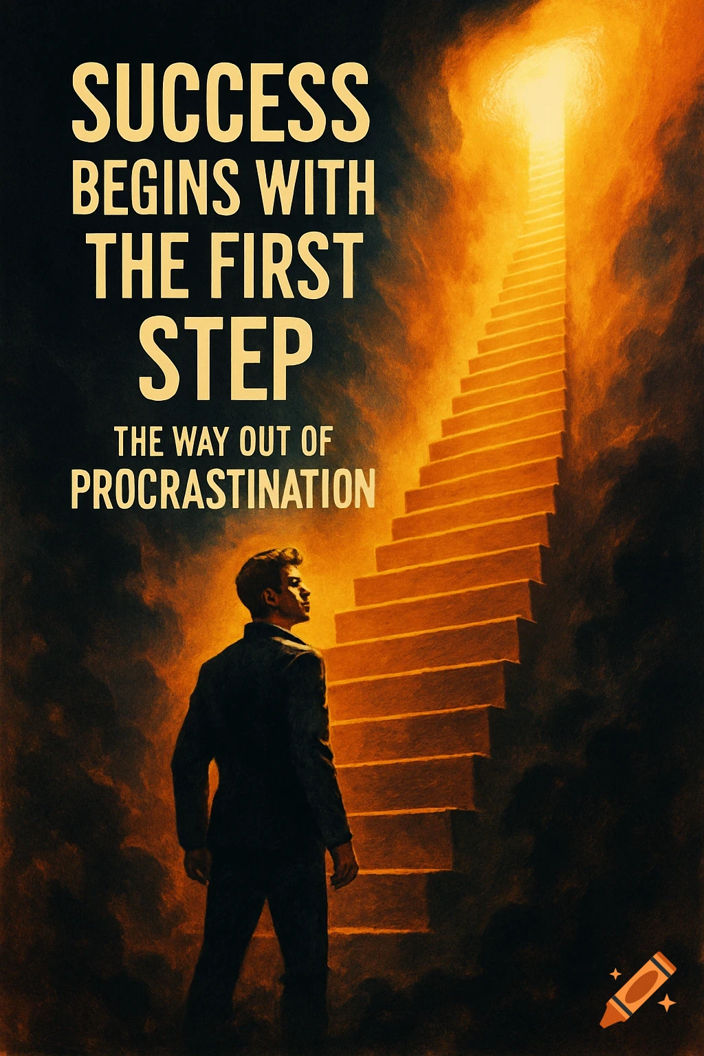 A man in a suit stands at the bottom of a glowing staircase leading into light, with motivational text.