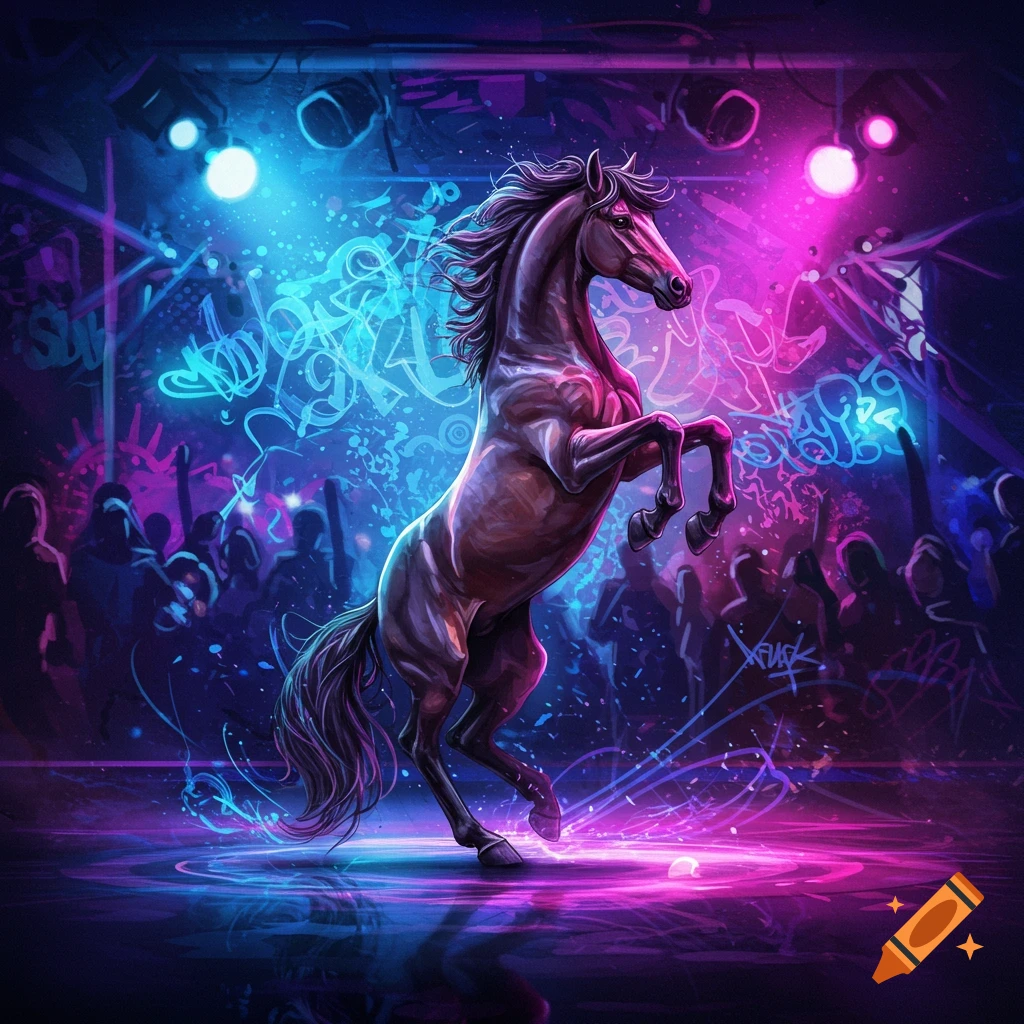 A majestic brown horse rears up on a stage, illuminated by bright blue and pink neon lights in a graffiti-filled nightclub with a silhouetted crowd.