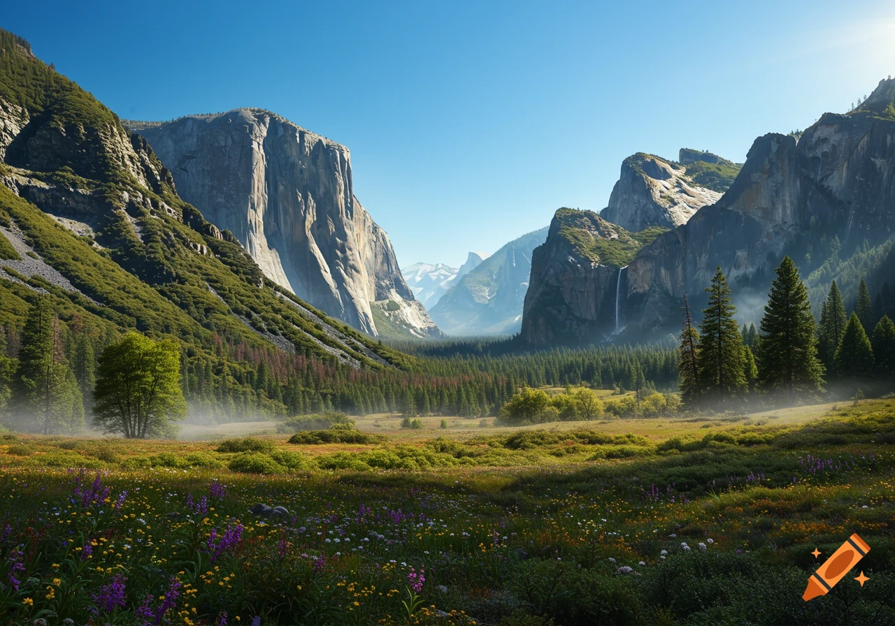 Photorealistic view of a grand mountain valley with steep cliffs, lush ...