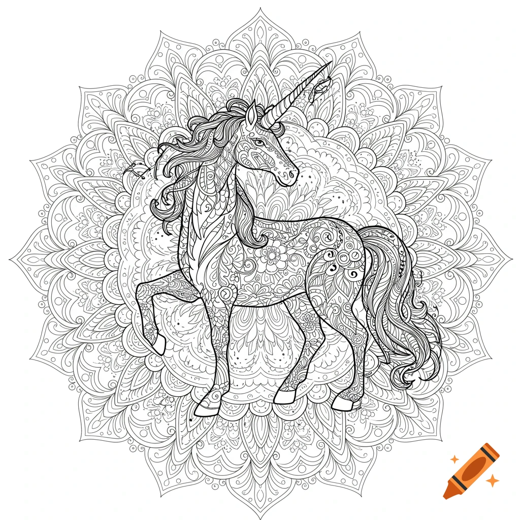 Highly detailed black and white line art of a unicorn within a complex mandala, suitable for a coloring book.