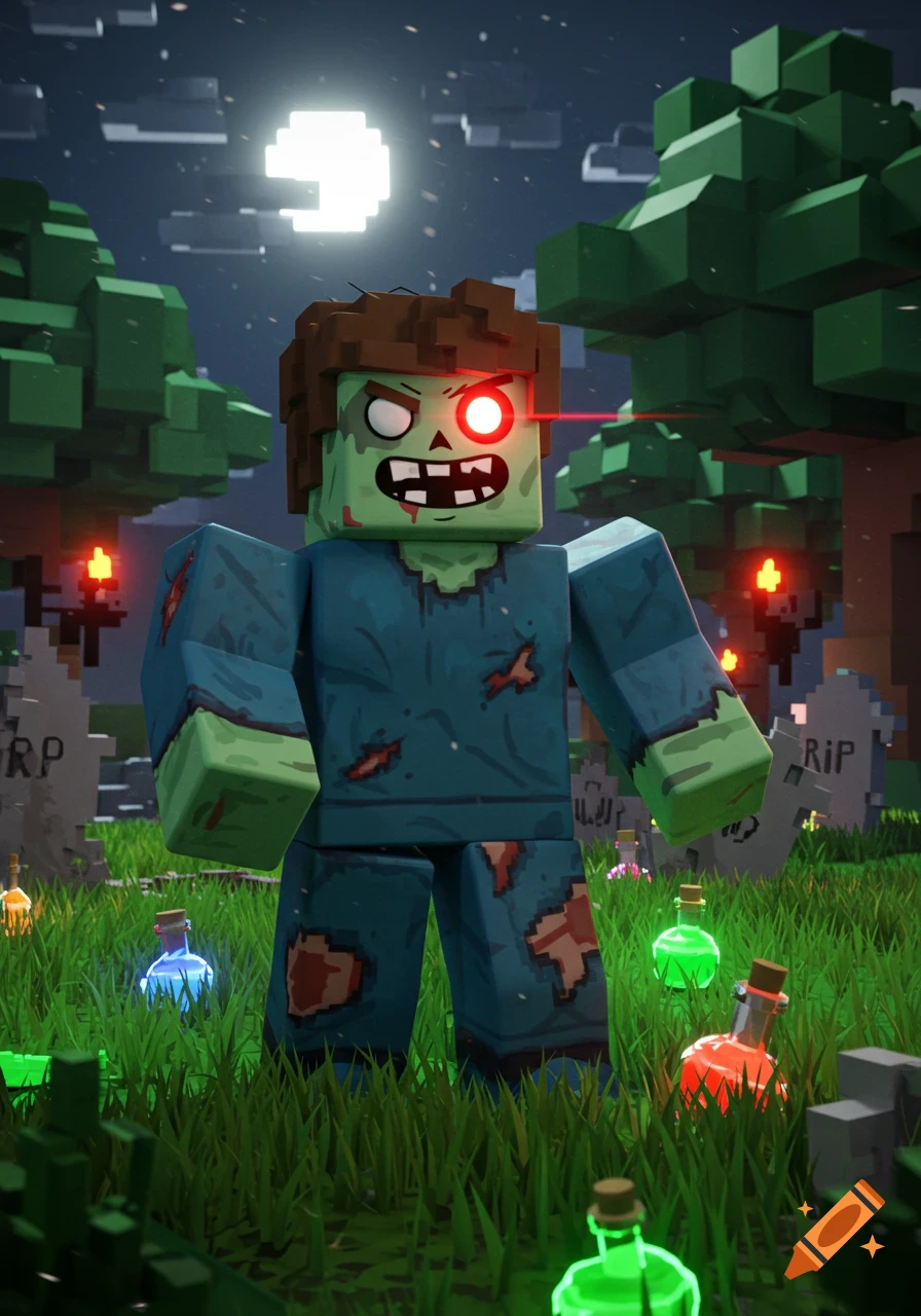 A blocky, green-skinned zombie with glowing red eyes stands in a pixelated graveyard at night, with a bright moon, trees, and glowing potion bottles in the grass.