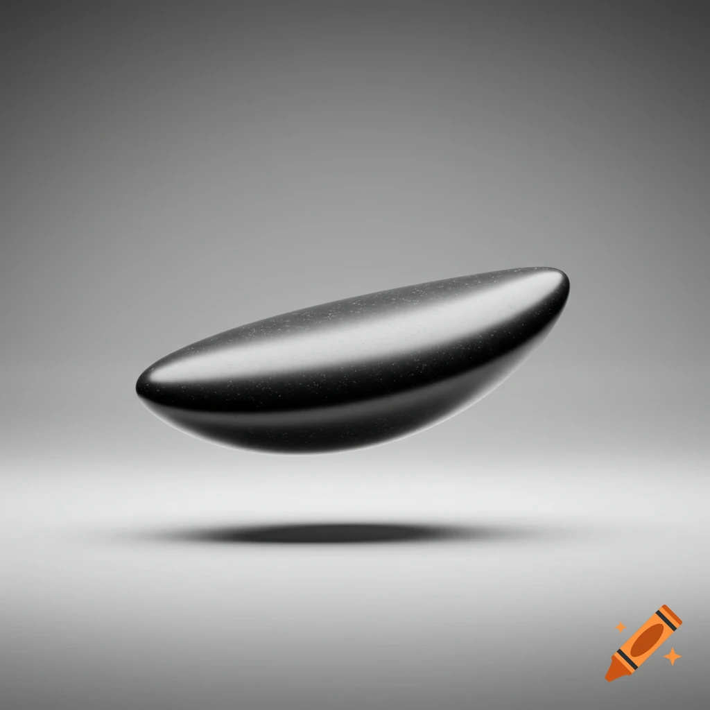 A dark, smooth, oval-shaped object floats above a surface against a gradient gray background, casting a soft shadow.