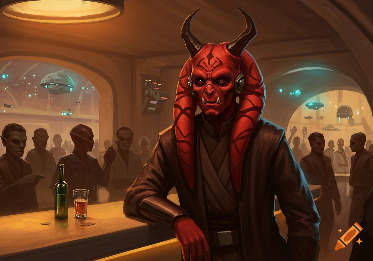 A red-skinned, horned alien with dreadlocks leans on a bar in a futuristic cantina, surrounded by other diverse aliens.