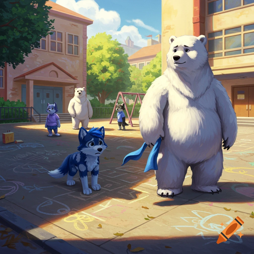 A large white polar bear holding a blue cloth stands next to a small blue wolf in a school playground with other animal children.
