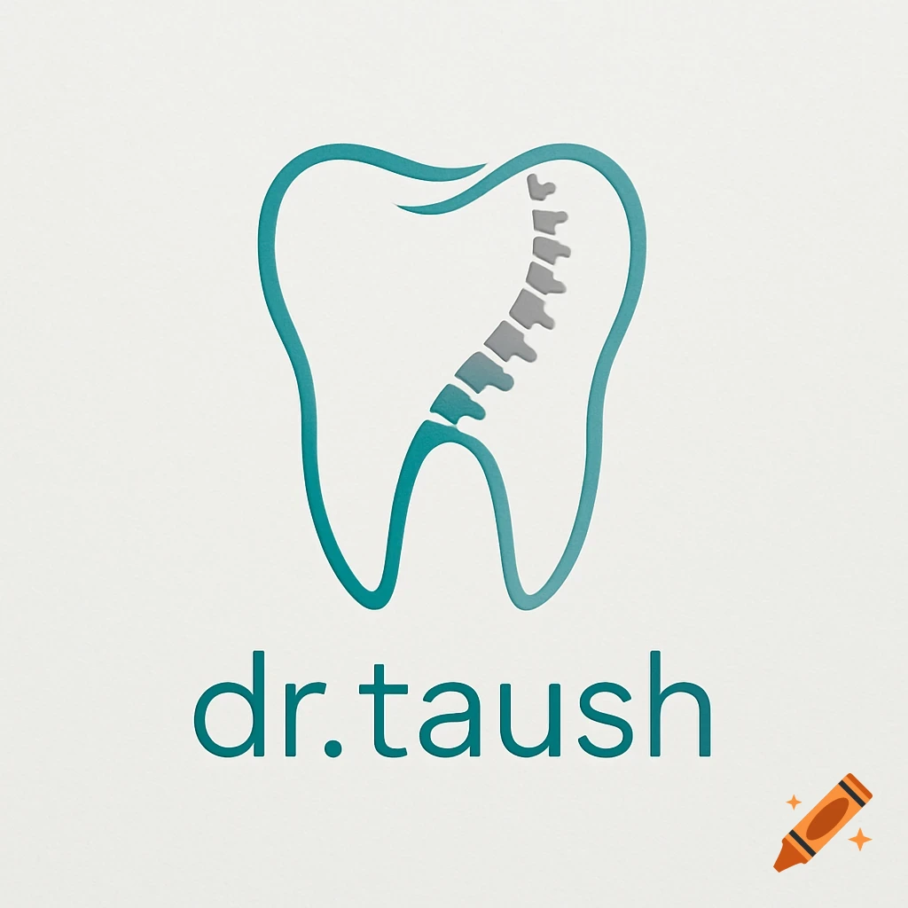 A minimalist logo featuring a teal outline of a tooth with a spine design inside, above the text 'dr.taush'.