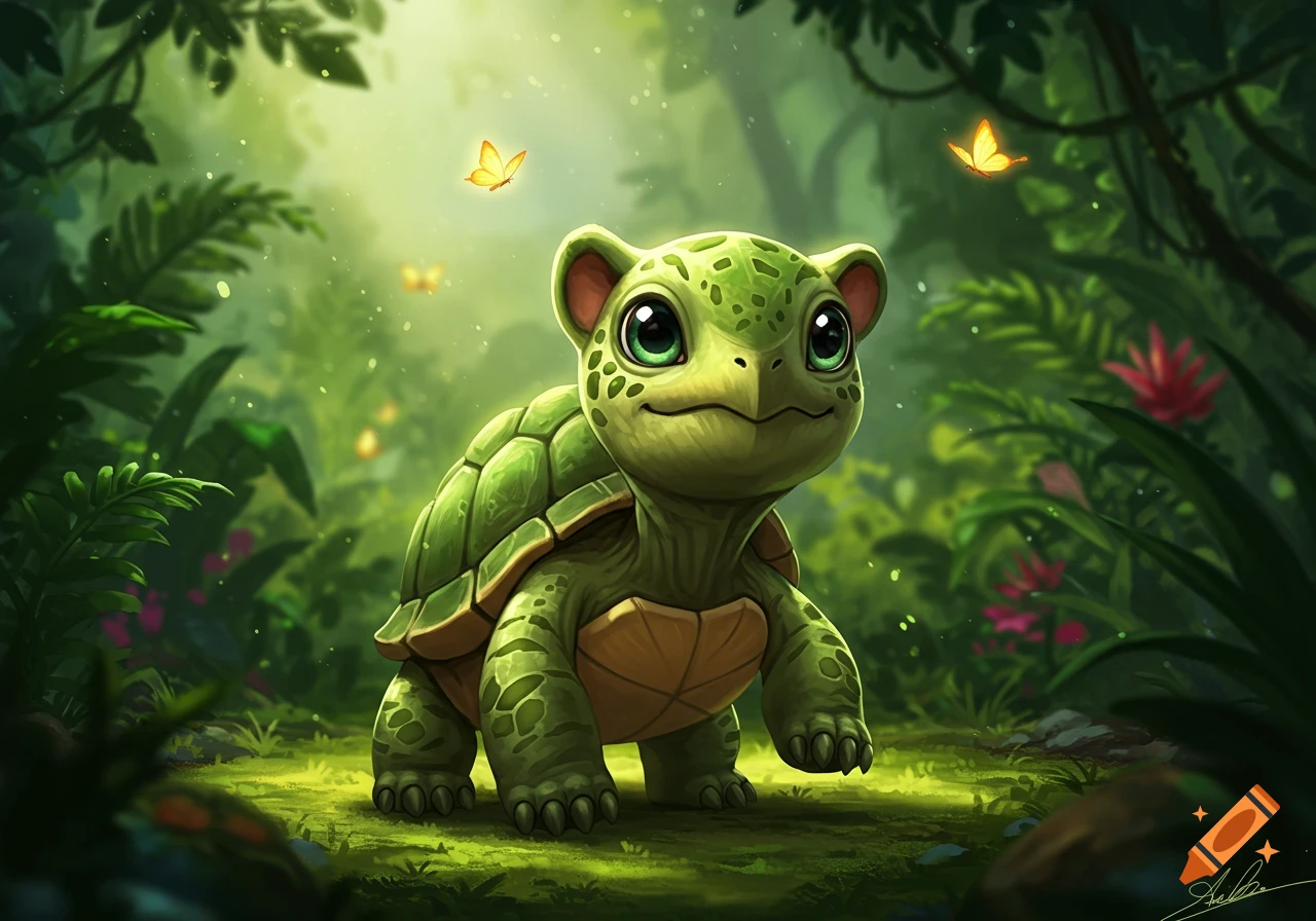 A cute, green, cartoon-style baby turtle with rounded ears, like a tiger, stands in a vibrant, sunlit jungle with butterflies.