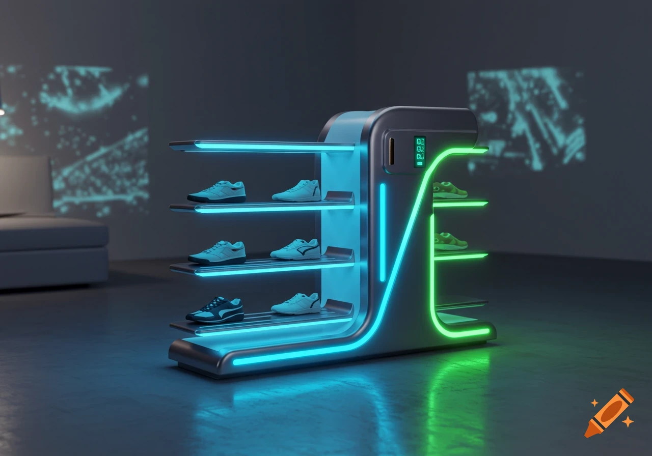 A futuristic sci-fi shoe rack with glowing blue and green neon lights, displaying sneakers in a dark room with projected patterns.