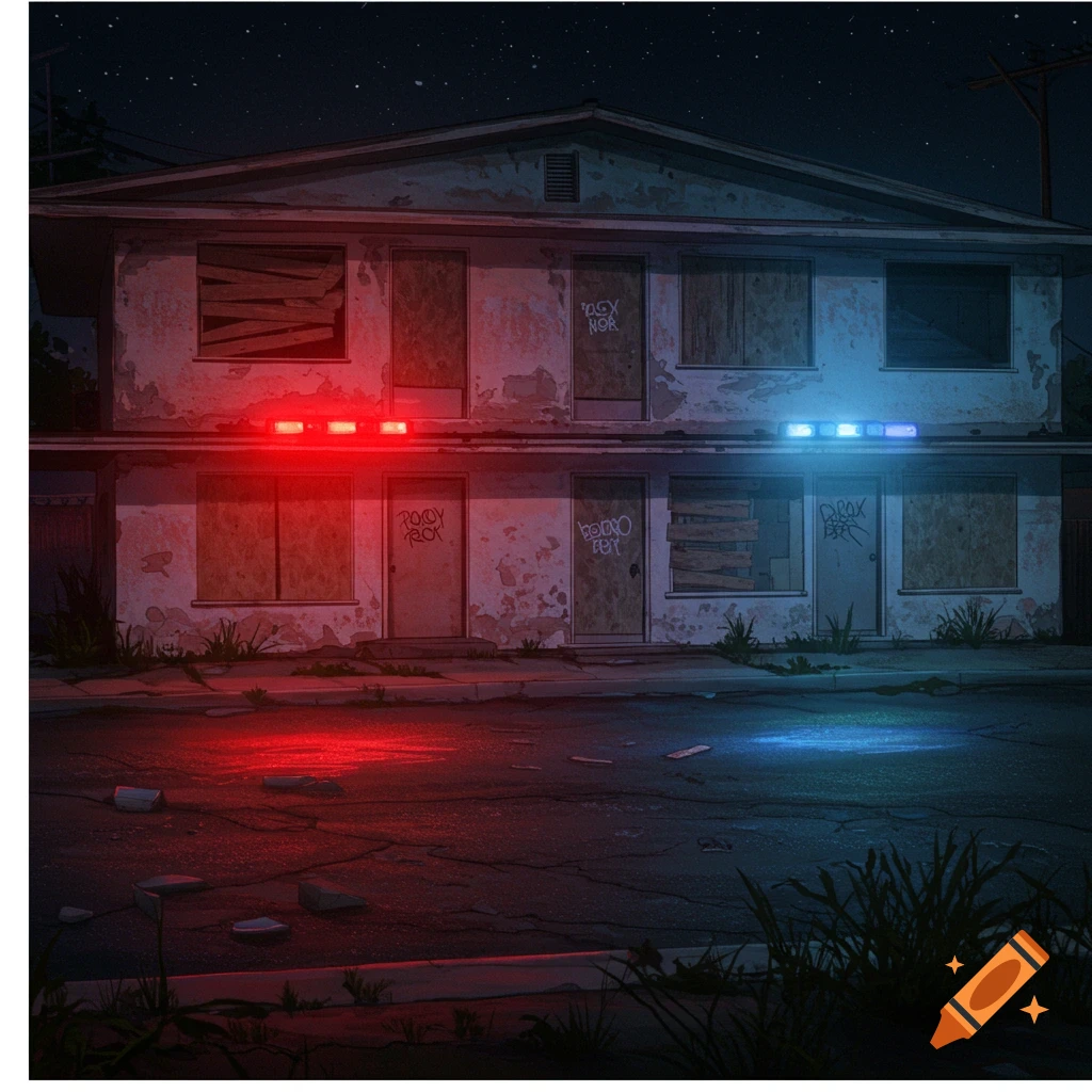 Illustrative night scene of a dilapidated two-story motel with boarded windows, illuminated by red and blue police lights on the street.