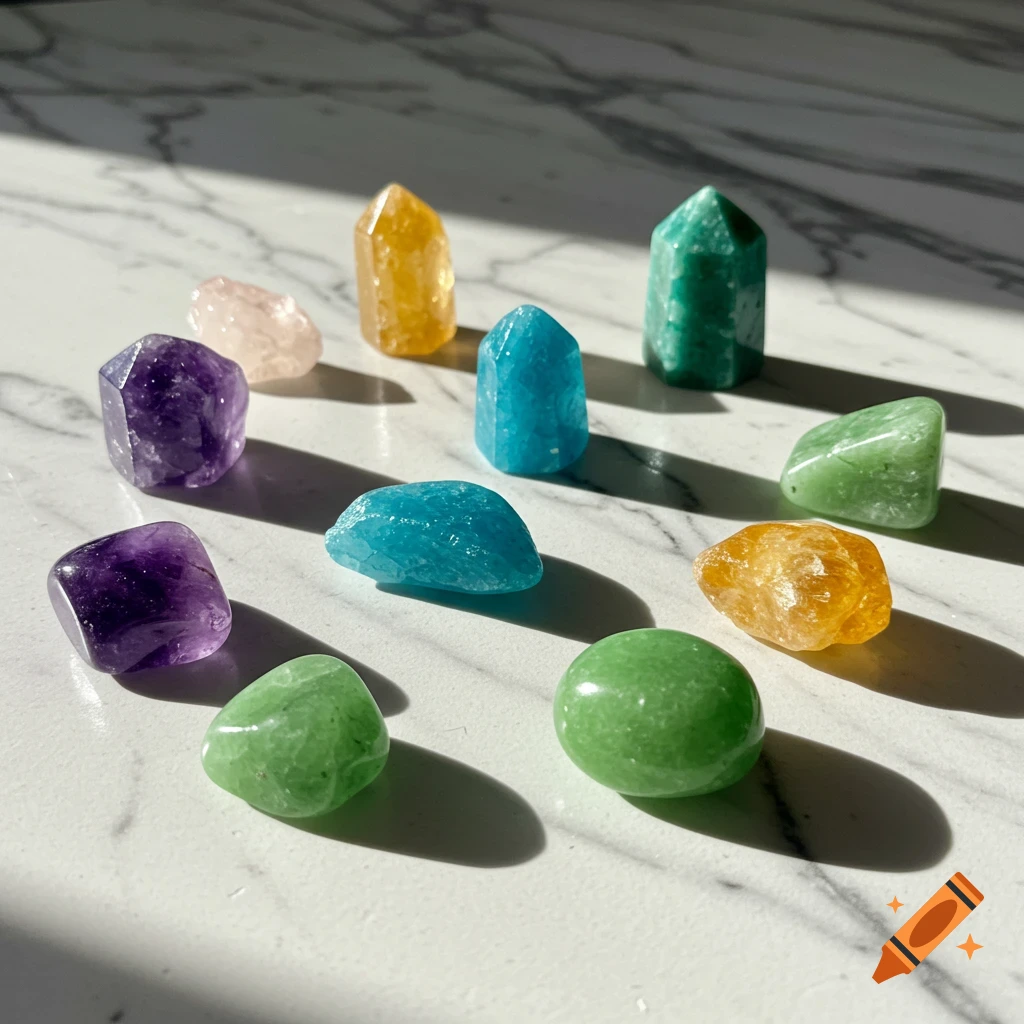 A variety of polished, colorful healing crystals are arranged on a white marble surface, illuminated by soft natural light creating long shadows.