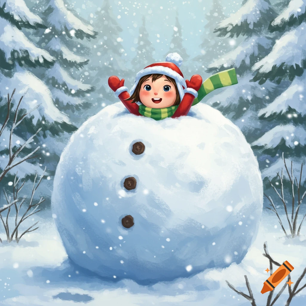 Smiling child with a red hat and scarf, emerging from a giant snowball in a snowy cartoon forest.