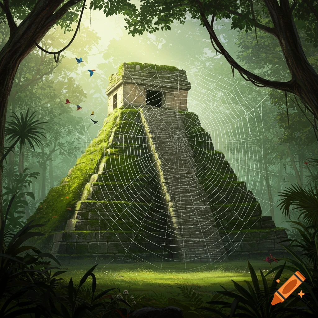 A large, intricate spider web drapes over a moss-covered ancient stone pyramid nestled deep within a lush, sunlit jungle.
