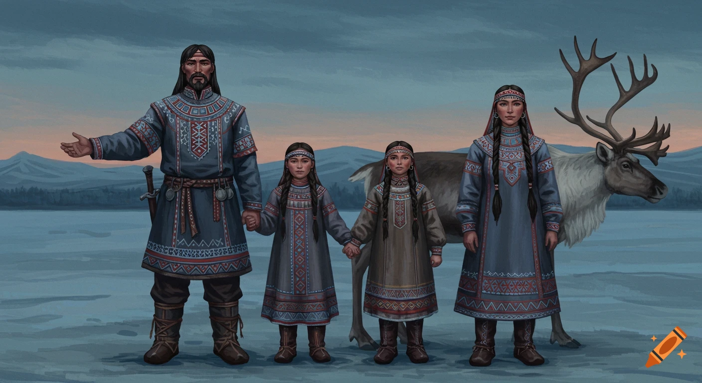 A Nenets family in traditional patterned clothing, with a man, woman, two children holding hands, and a reindeer in a snowy landscape.
