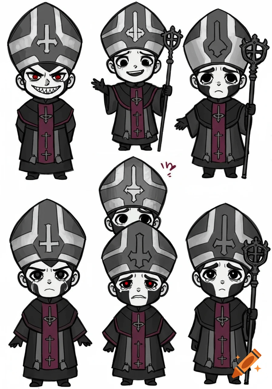 Six chibi goth anime cartoon characters, resembling Papa Emeritus, in black and grey robes with inverted crosses, showing various expressions, some holding staffs.