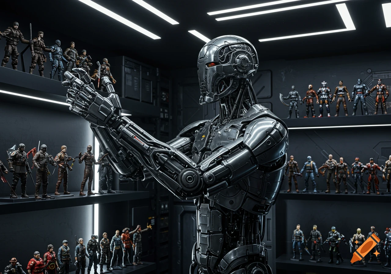 Photorealistic image of a metallic robot admiring a large collection of action figures displayed on shelves in a dark room.
