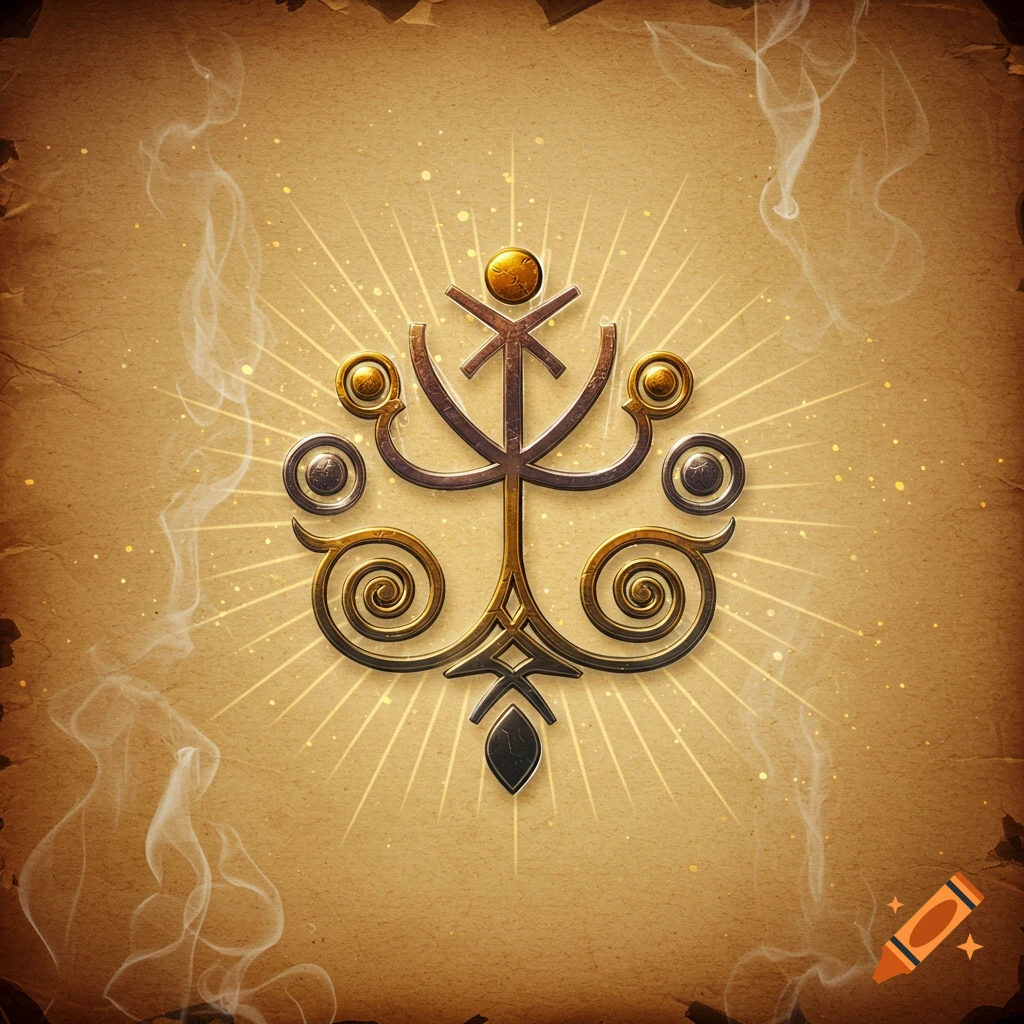 An ornate gold and dark brown mystical symbol with spirals and circles, against an aged parchment background with golden light rays and smoke.