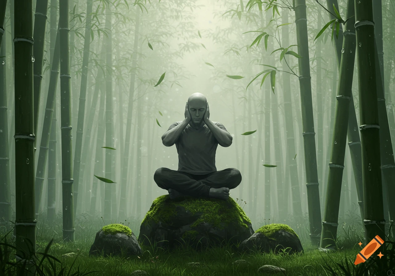 A serene bald man meditates in a misty bamboo forest, sitting on a ...